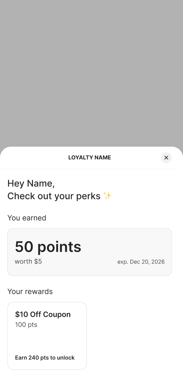 mobile UI for the Loyalty Widget showing the widget state after the used has completed the new memeber reward rule and earned 50 points