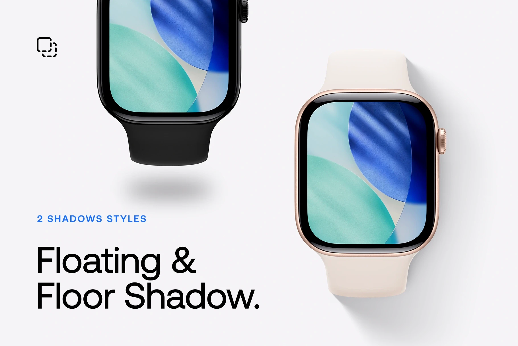 Apple Watch mockups with floating and floor shadow styles.