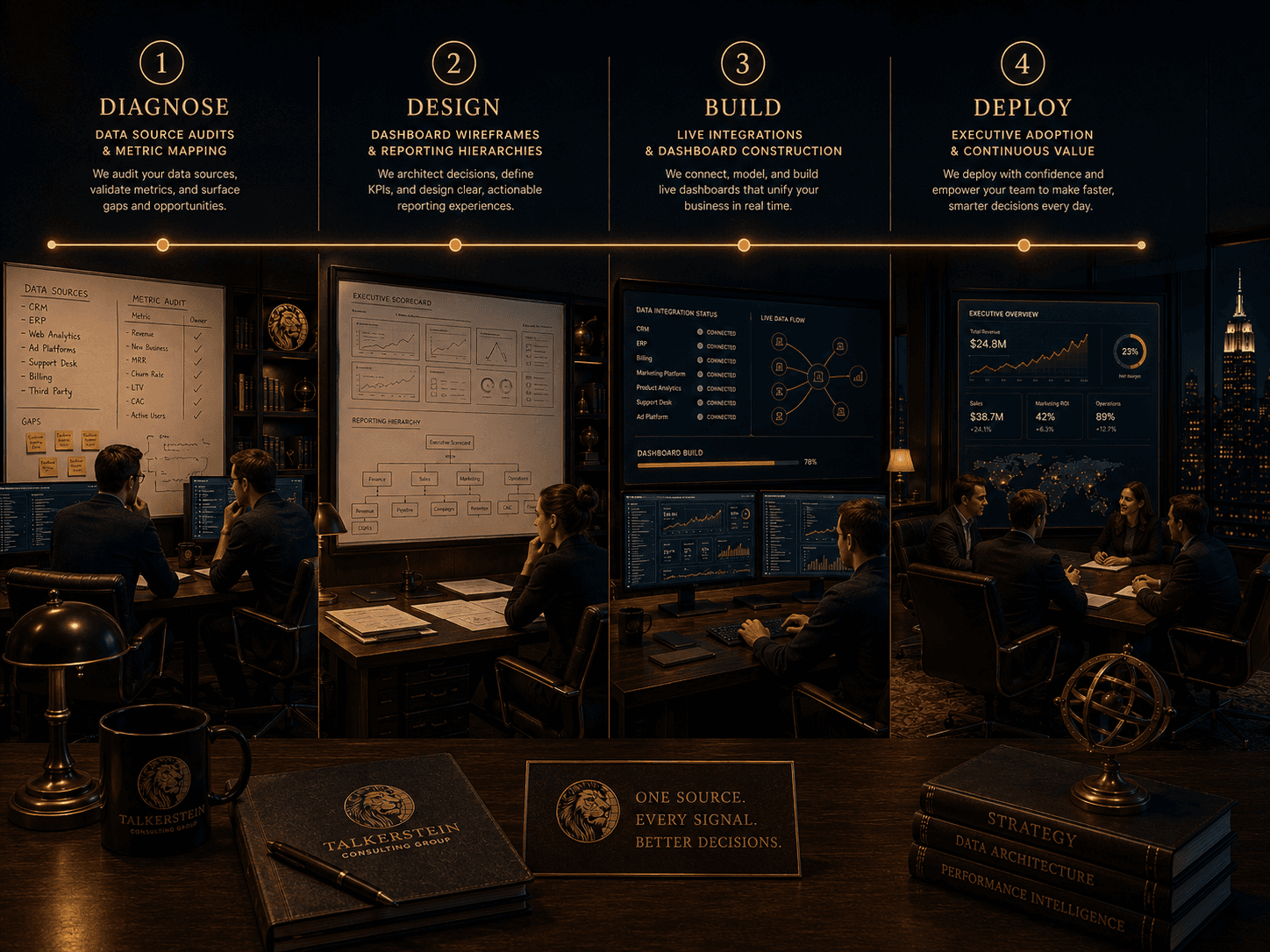 An infographic detailing the four-stage data infrastructure process by Talkerstein Consulting Group: 1) Diagnose (data audits), 2) Design (wireframes), 3) Build (live integrations), and 4) Deploy (executive adoption). Each phase is paired with a visual of consultants working in a high-end corporate office environment.