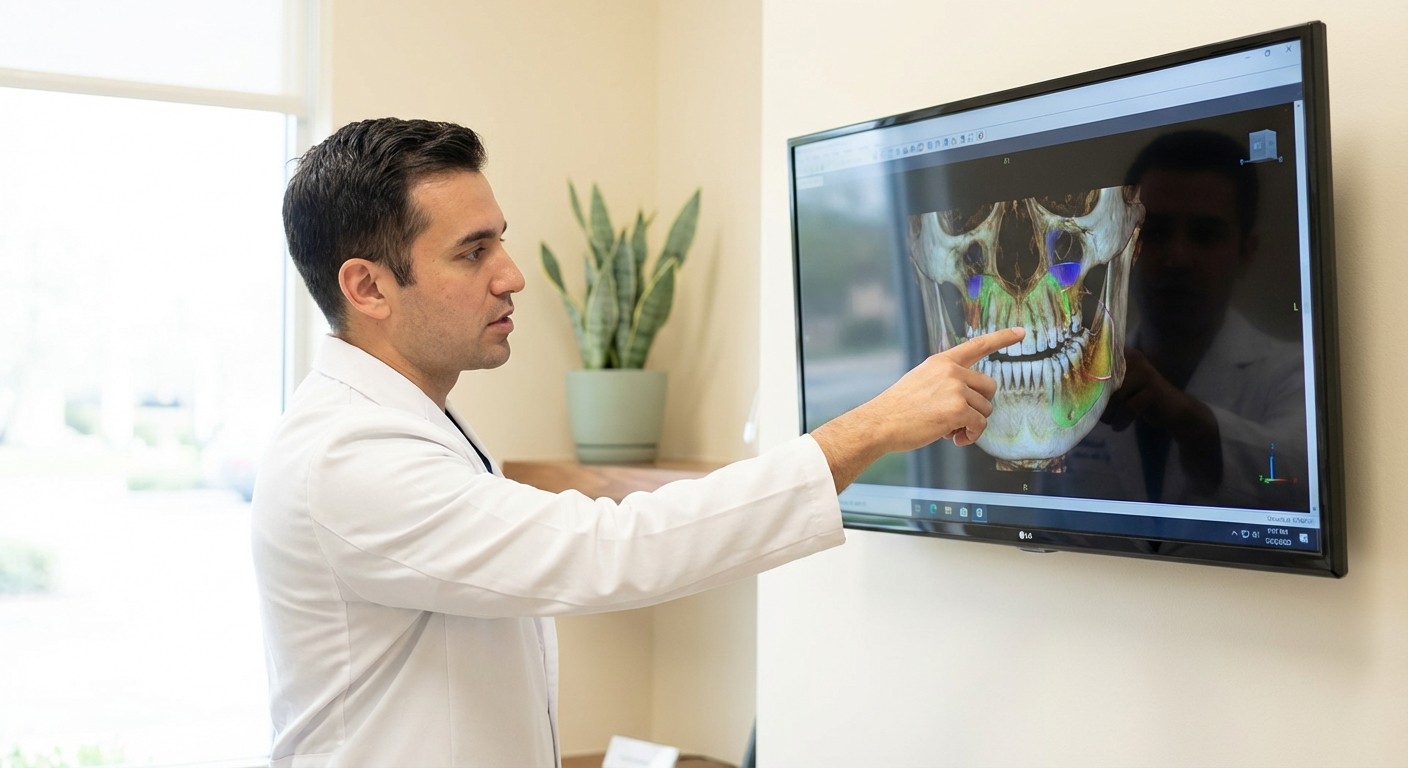 3D cone beam CT scan on monitor showing jaw bone density in a modern dental office