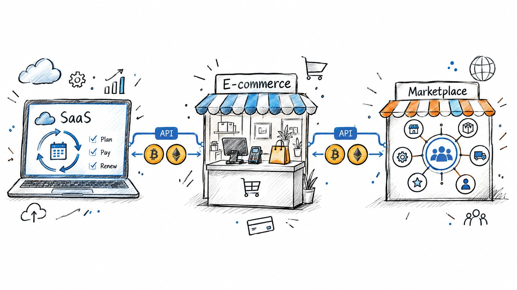 A hand-drawn illustration showing connections between a SaaS platform, an e-commerce shop, and a digital marketplace.