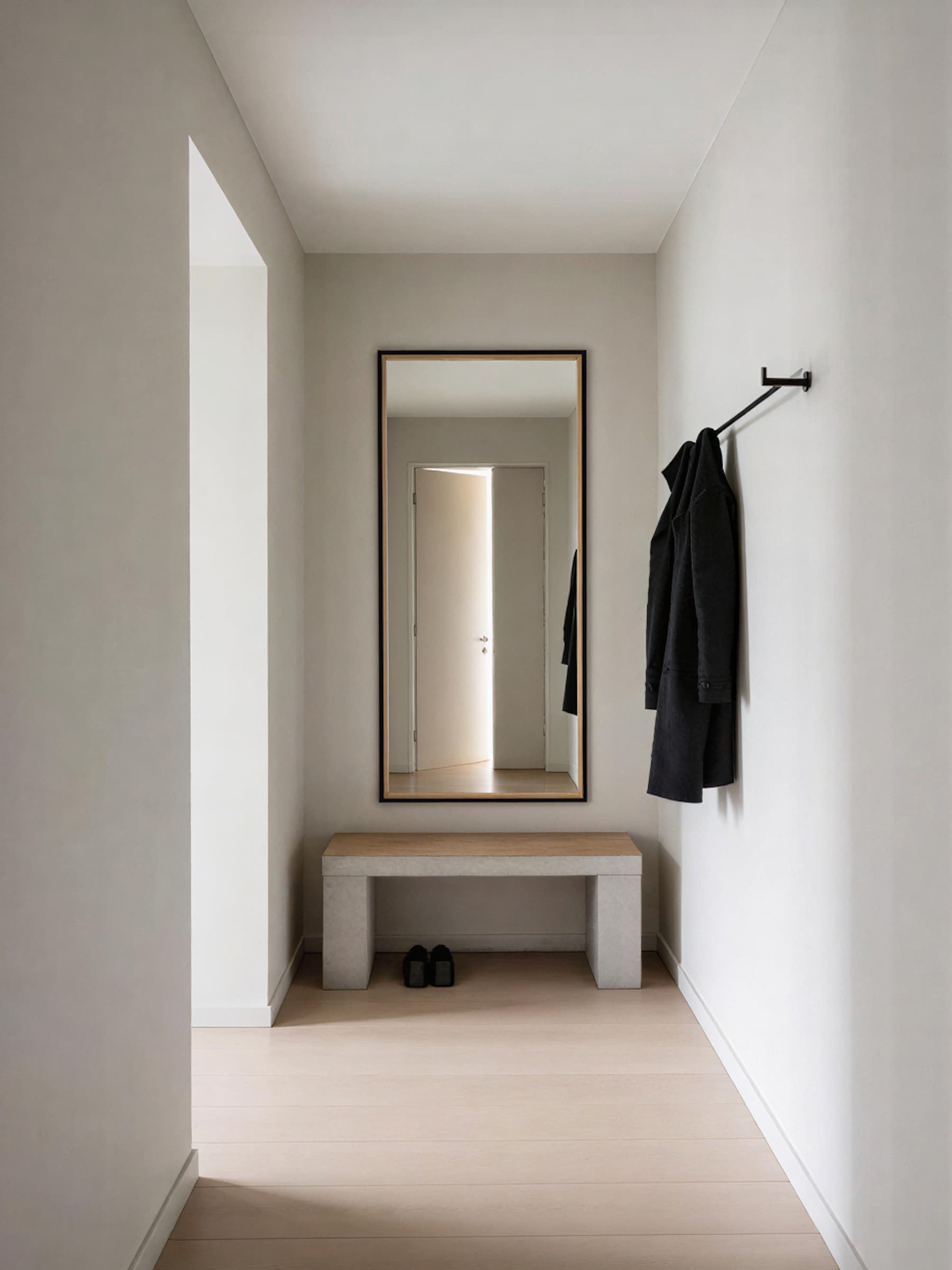 A minimalist hallway features a full-length mirror reflecting an open door, with a wooden bench below and a black coat hanging on a nearby hook, conveying modern interior design aesthetics.