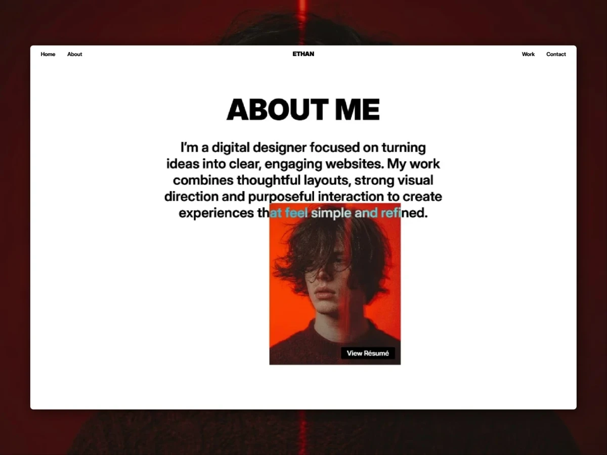 Ethan Clark portfolio about page with designer introduction and portrait