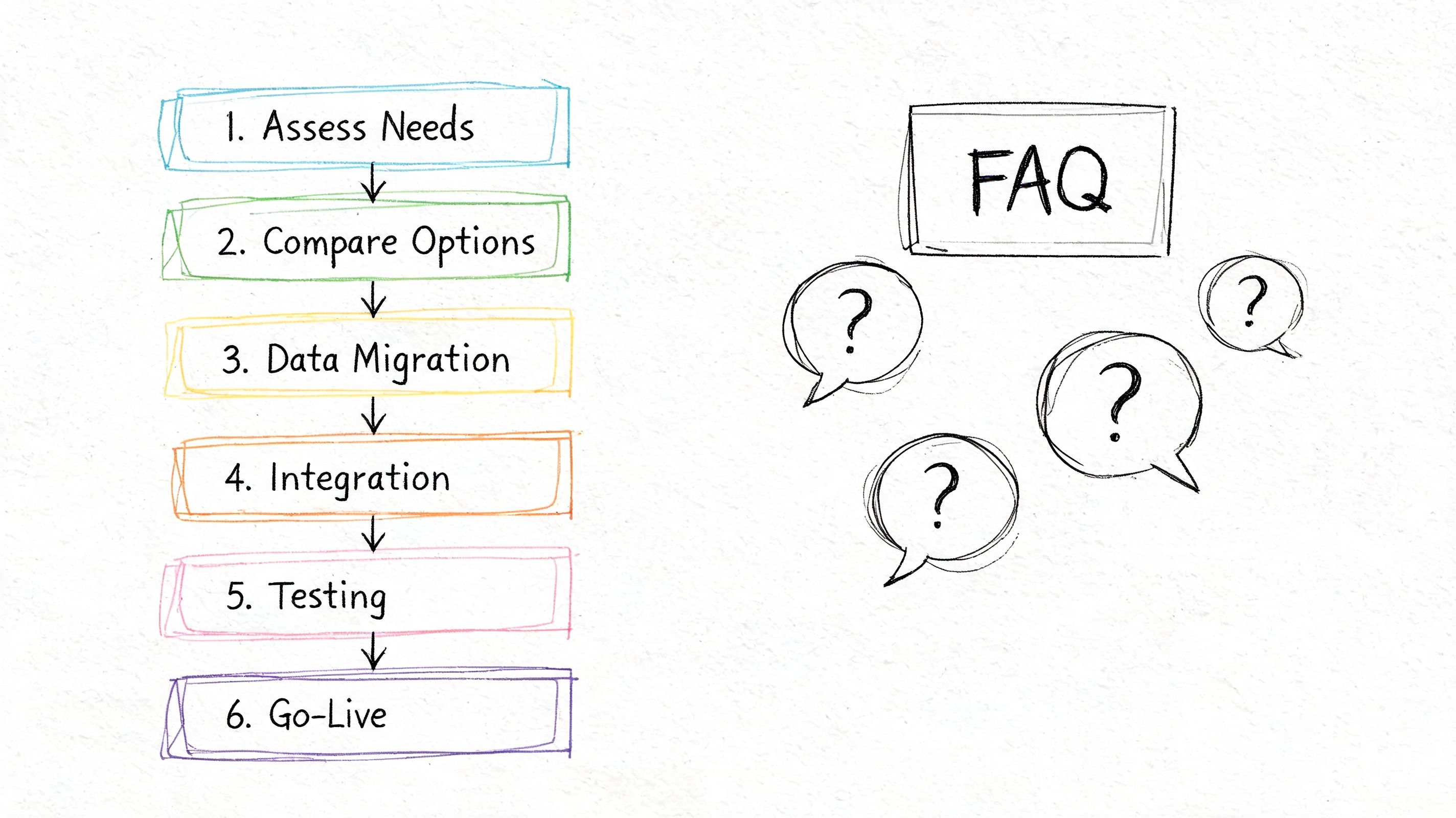 A hand-drawn illustration showing a six-step business process workflow alongside an FAQ section with question marks.