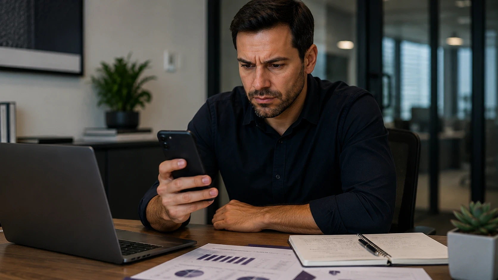Empresário preocupado analisando leads e mensagens comerciais no celular