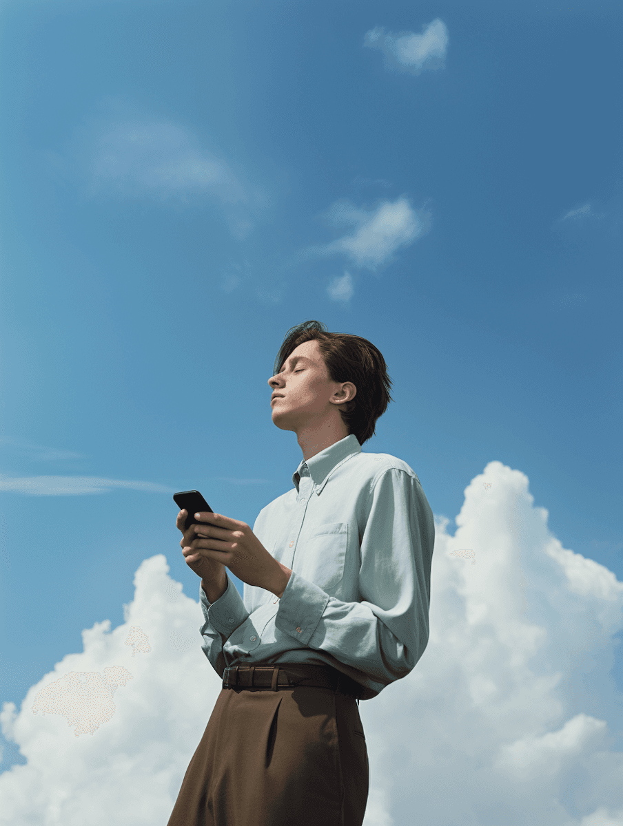 Guy on his phone in front of clouds