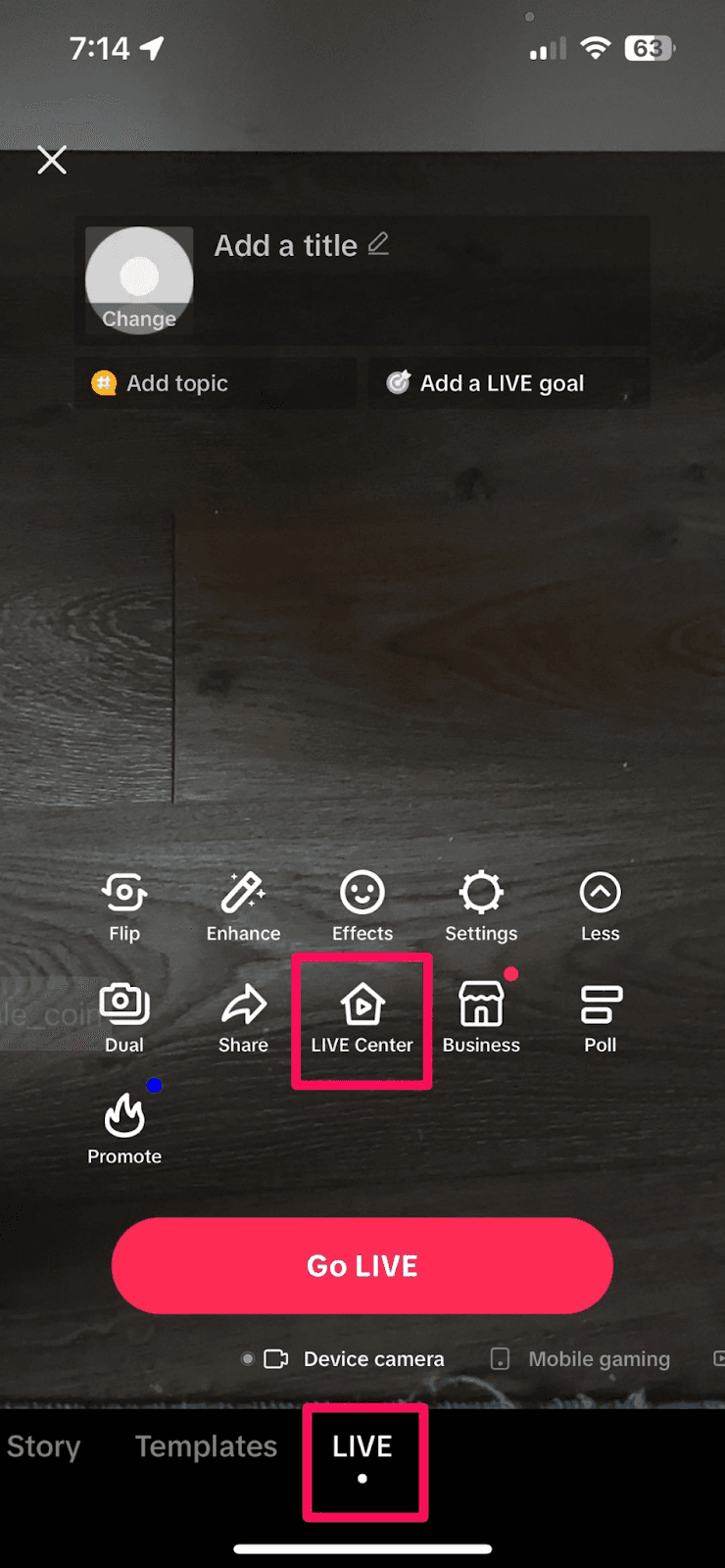 A screenshot of the TikTok "Go LIVE" screen showing the LIVE Center button highlighted.