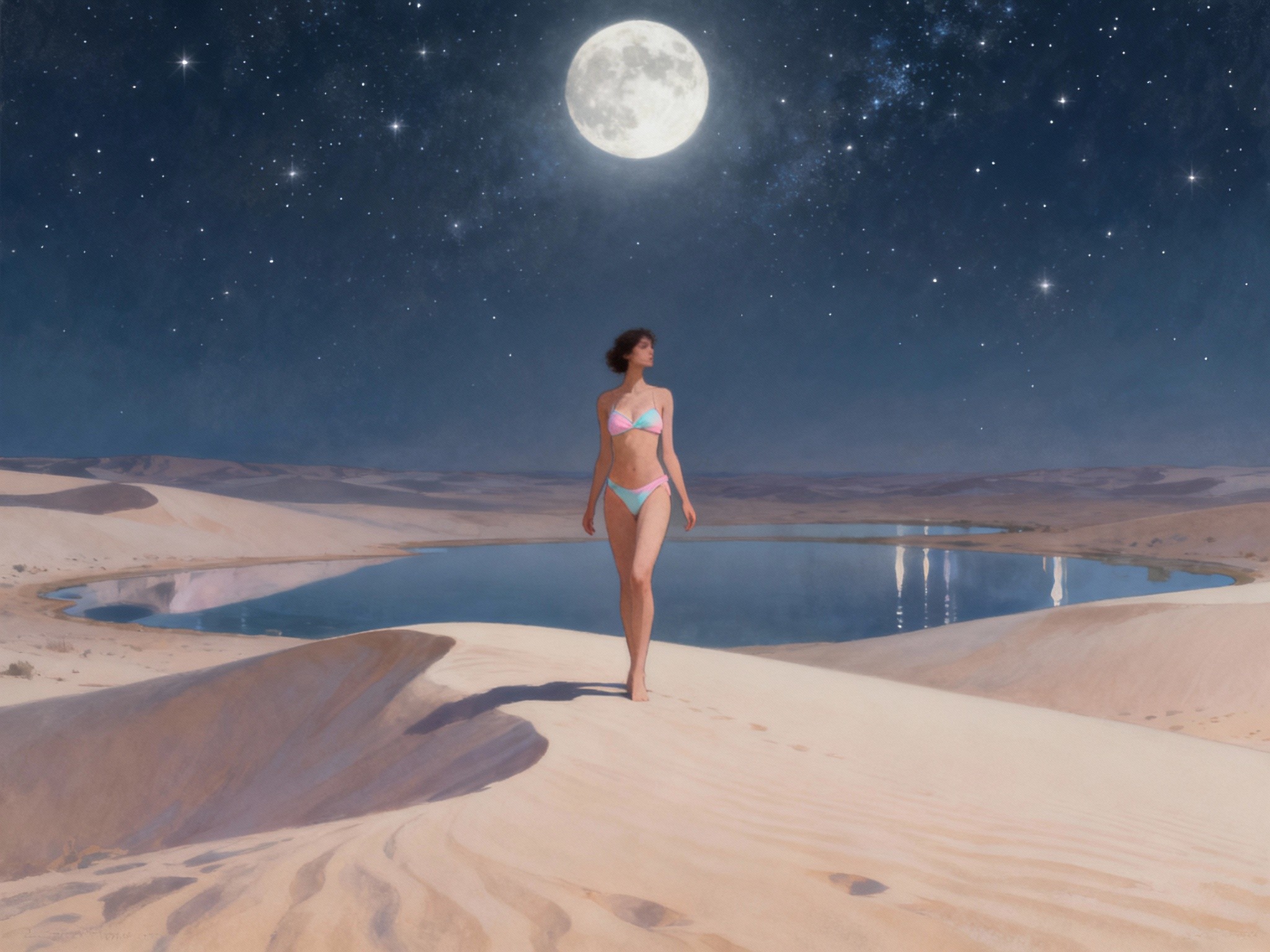 A fine-art illustration-inspired scene depicting a surreal desert oasis under moonlight, where a