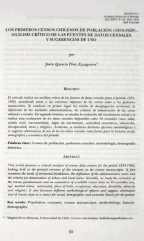 Los primeros censos chilenos de población (1854-1920), análisis crítico de las fuentes de datos censales y sugerencias de uso