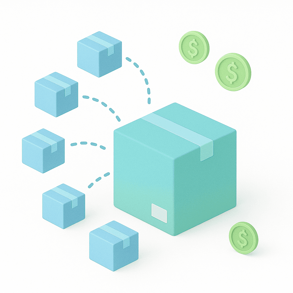 Isometric 3D illustration showing small blue boxes merging into a larger teal box with dotted lines and green dollar coins floating around on a white background.