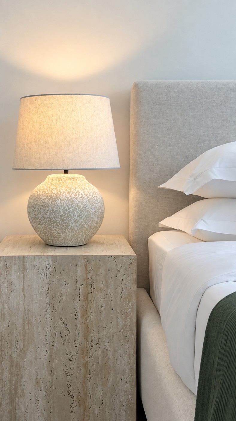 Travertine bedside table and lamp in the Paros style