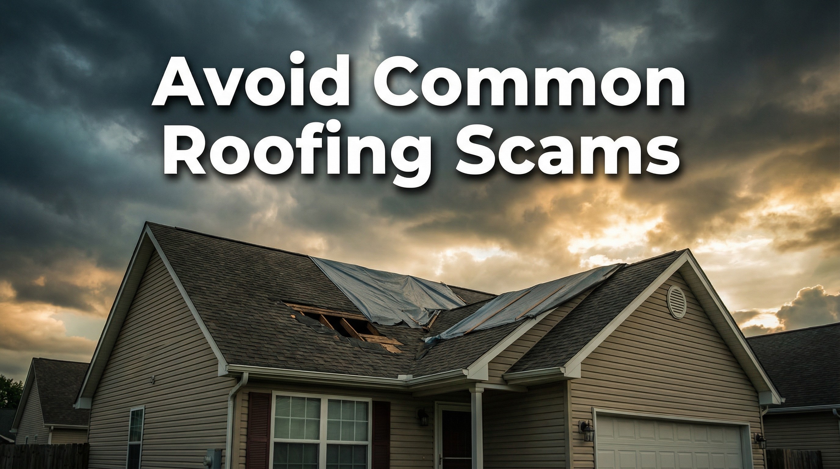 Editorial thumbnail titled Avoid Common Roofing Scams showing a residential roof.