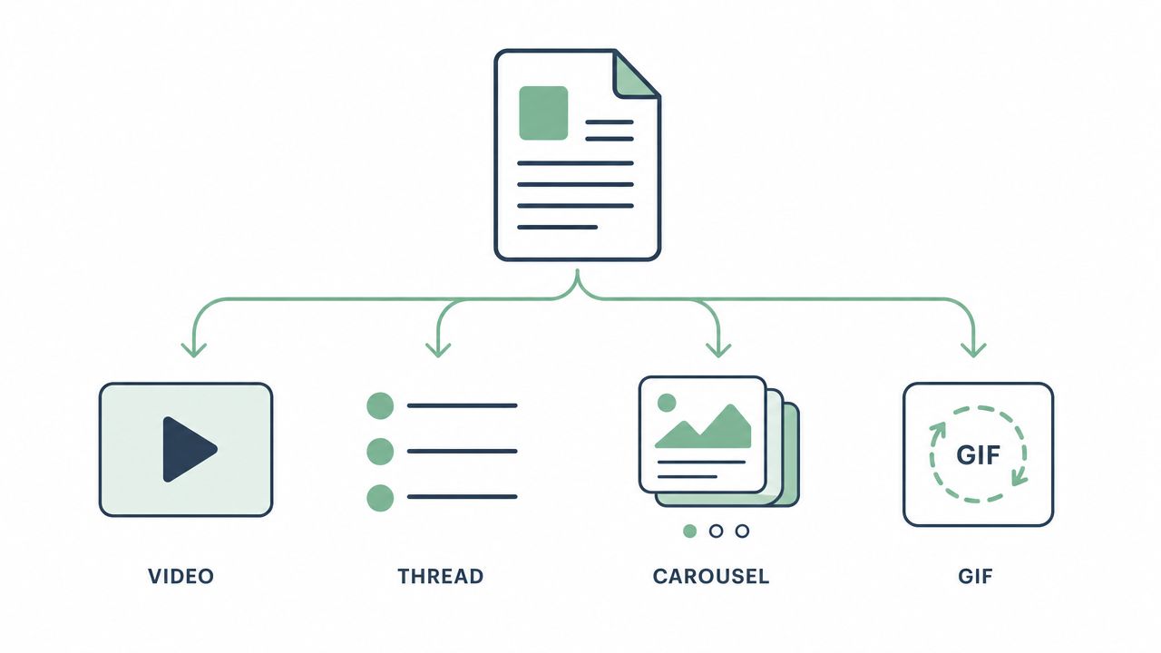 A diagram illustrating how a single piece of content can be repurposed into video, threads, carousels, and GIFs.