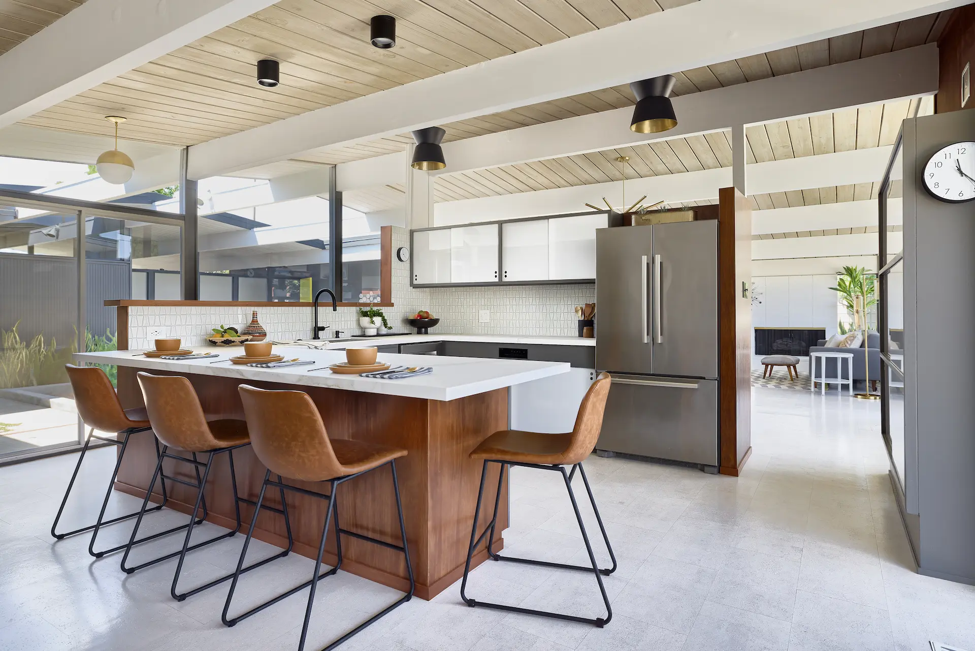 Second wide-angle view of the open kitchen, highlighting different design elements and space in the Fairhaven Eichler Tract remodel. Photo by Todd Huge.