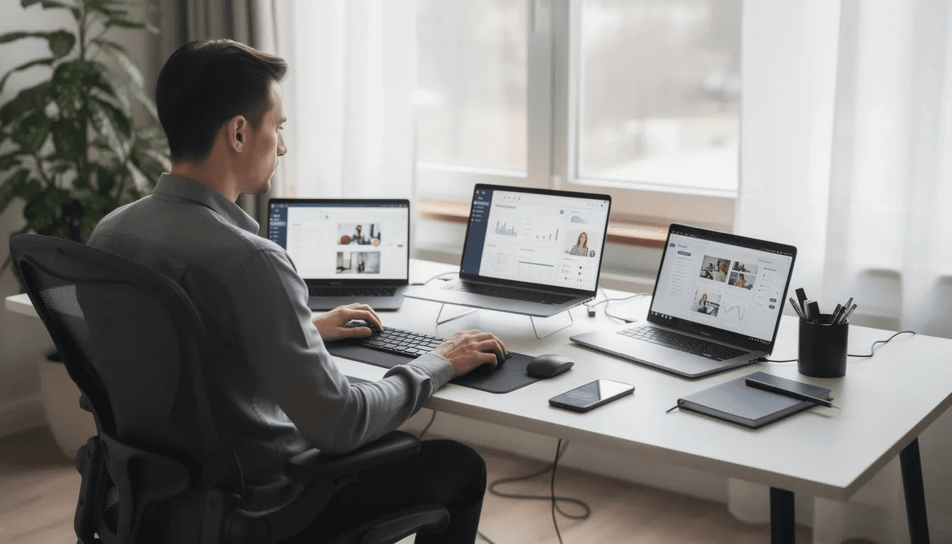 A professional is working remotely at a modern desk equipped with multiple laptops, symbolizing the flexibility of fractional work as they manage tasks for multiple clients and organizations. This setup highlights the growing trend of fractional executives, allowing experienced professionals to maintain control over their schedules while offering specialized expertise to various companies.