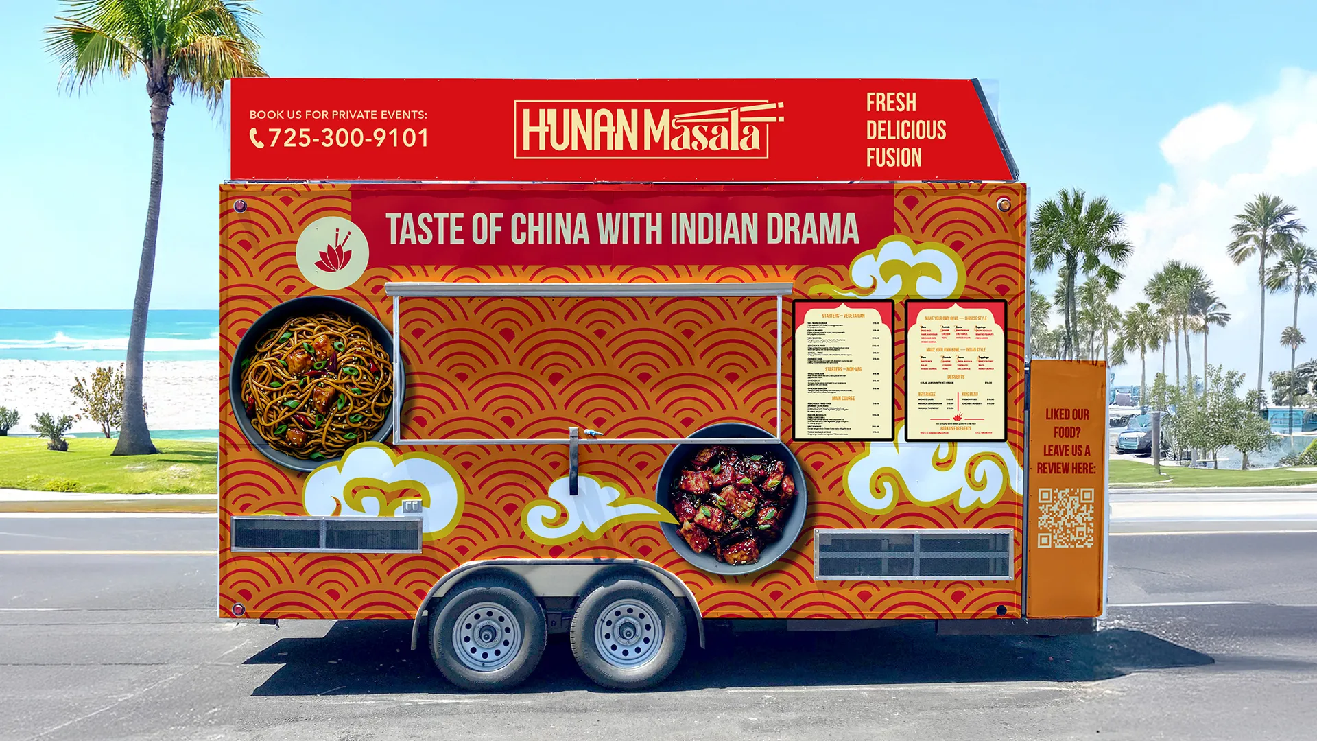 Hunan Masala food truck branding design with vibrant Indo-Chinese fusion graphics and menu display