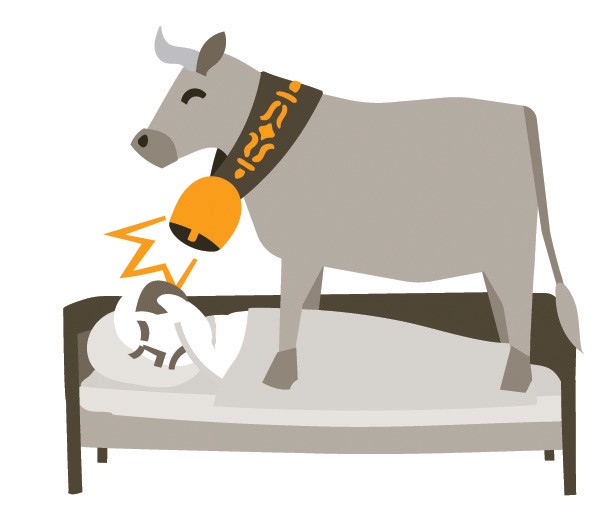 Simple illustration with a cow standing on a bed.