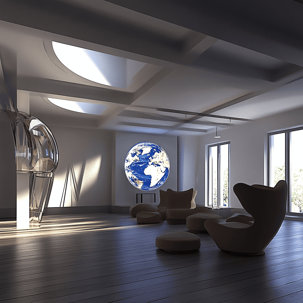 Spacious modern living room with sleek furniture, large windows, and a digital Earth projection on the wall, creating a minimalist and futuristic atmosphere.