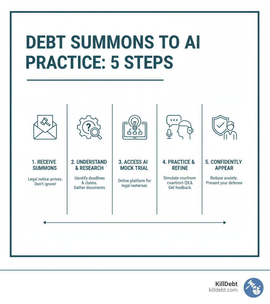 Infographic explaining the step-by-step process of receiving a summons to practicing with AI infographic