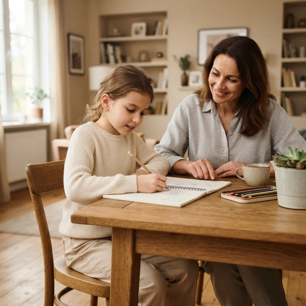 Mother helping daughter study