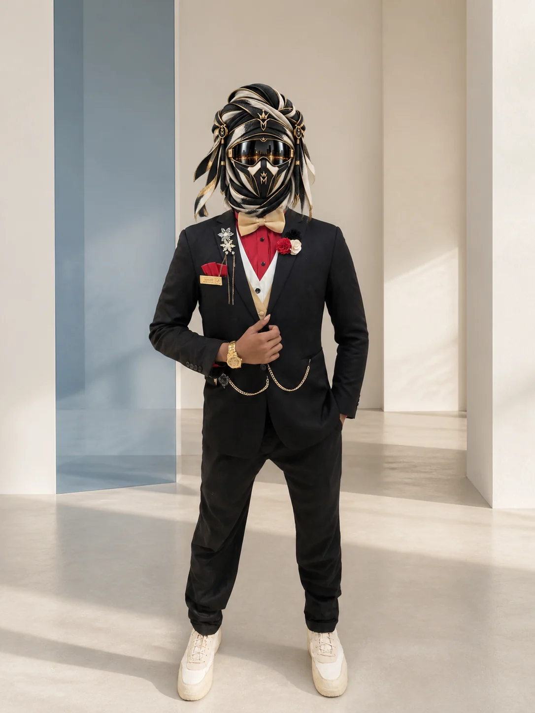 Full-length view of Red Waistcoat, a black layered suit with a red waistcoat, gold pins and chain details, with the official Marzelest face covering.