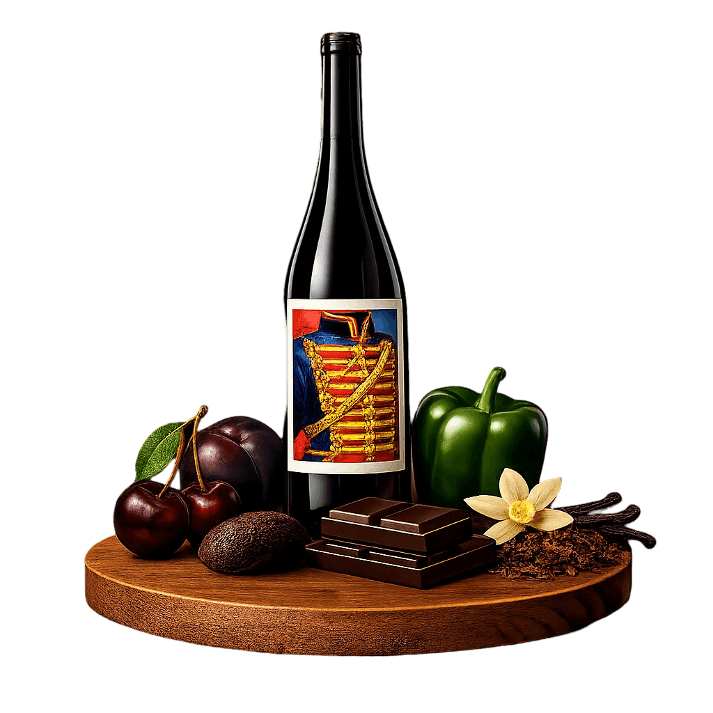 Artistic label and flavor profile for Hungarian Villány Red on a rustic wooden table.