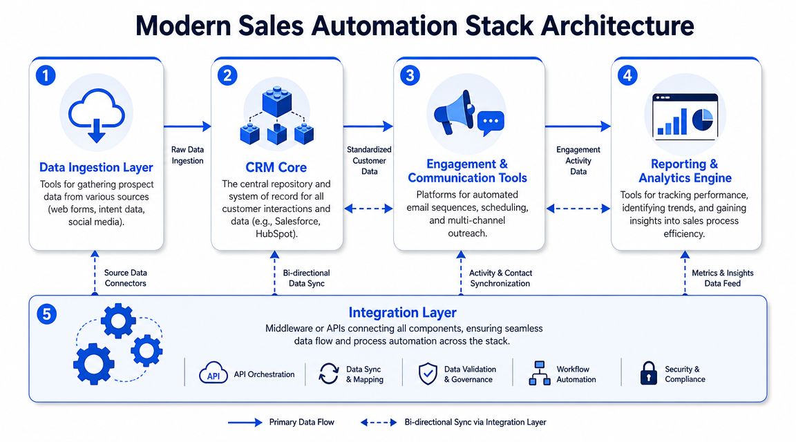 A diagram illustrating the architecture of a modern sales automation stack with five interconnected core layers.