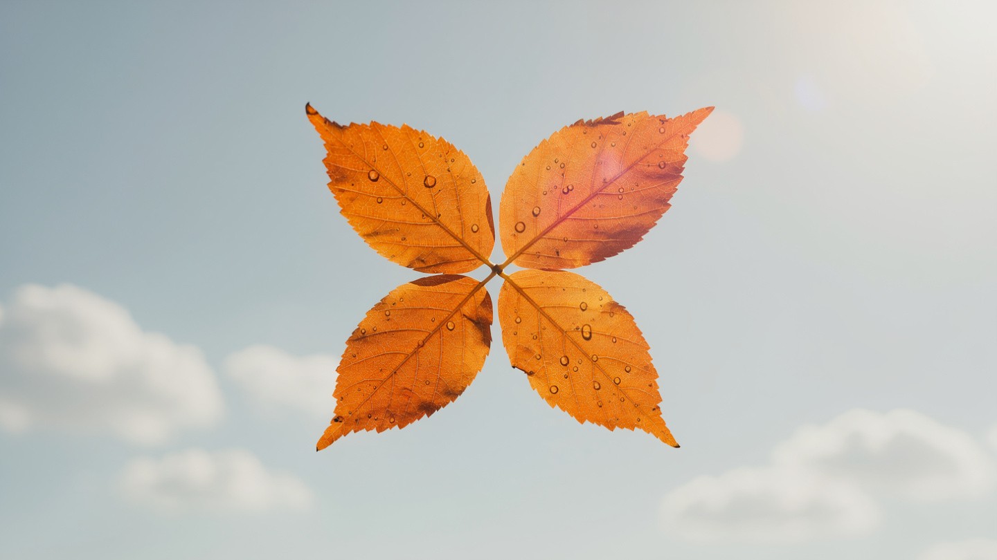 Four orange leaves, each with dew droplets, are symmetrically arranged in a star shape against a soft blue sky with fluffy clouds and warm sunlight.