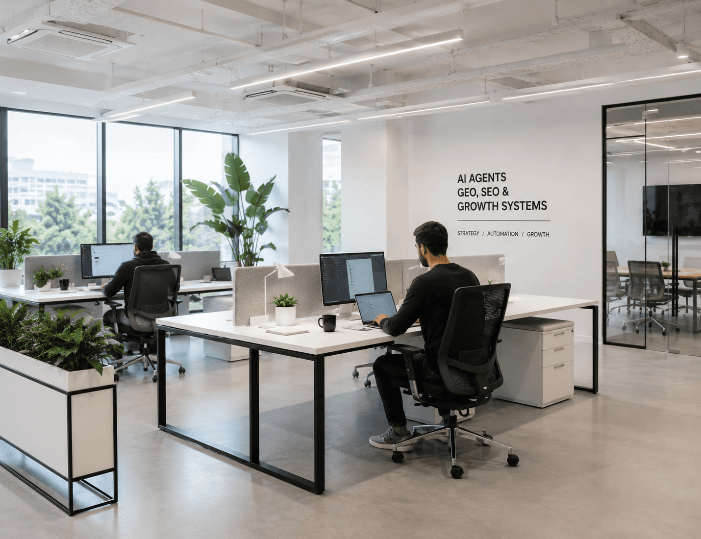 Spacious open-plan office with rows of desks and striking circular ceiling lights.