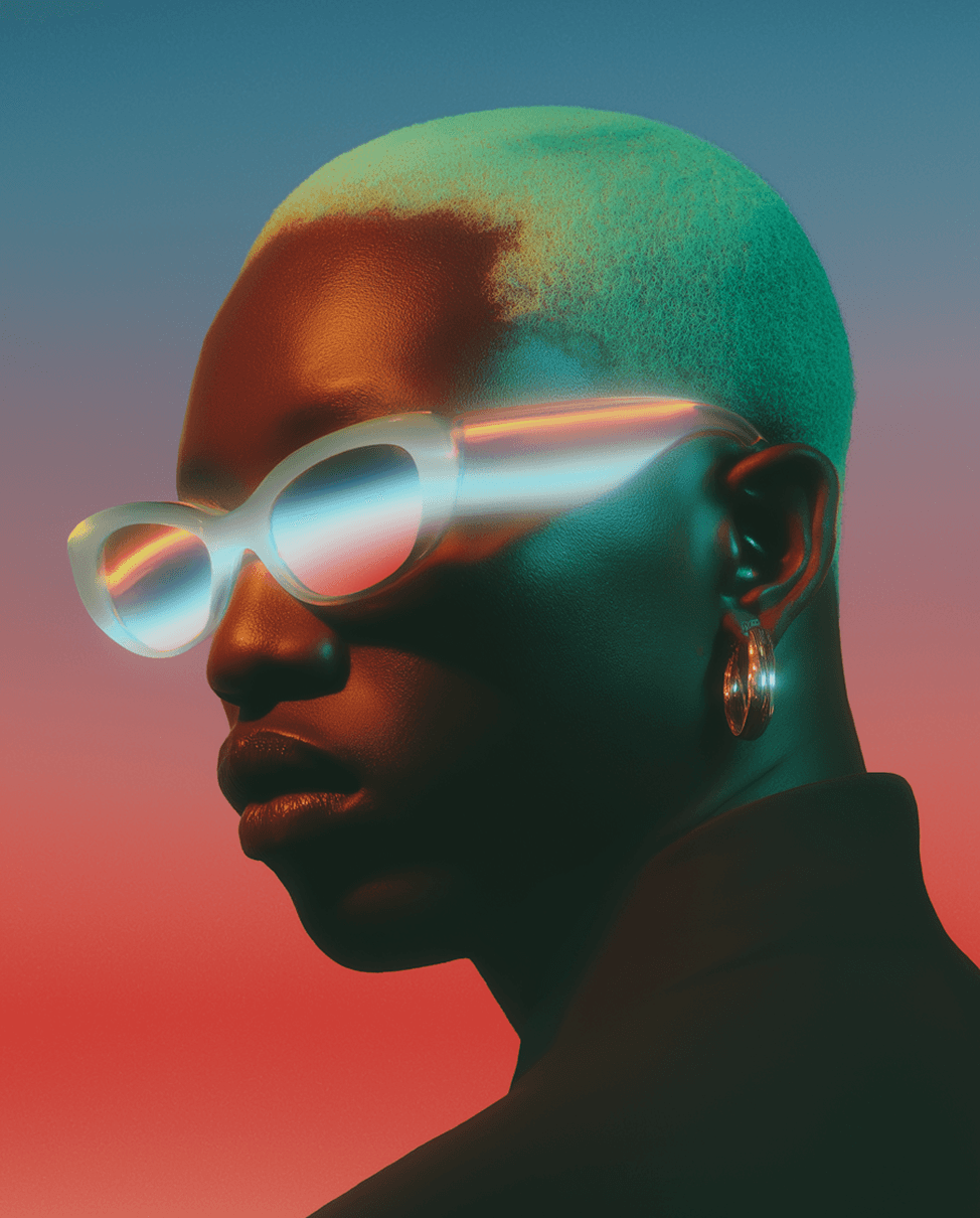  A woman with vibrant neon green hair wearing stylish sunglasses, exuding a bold and trendy appearance.