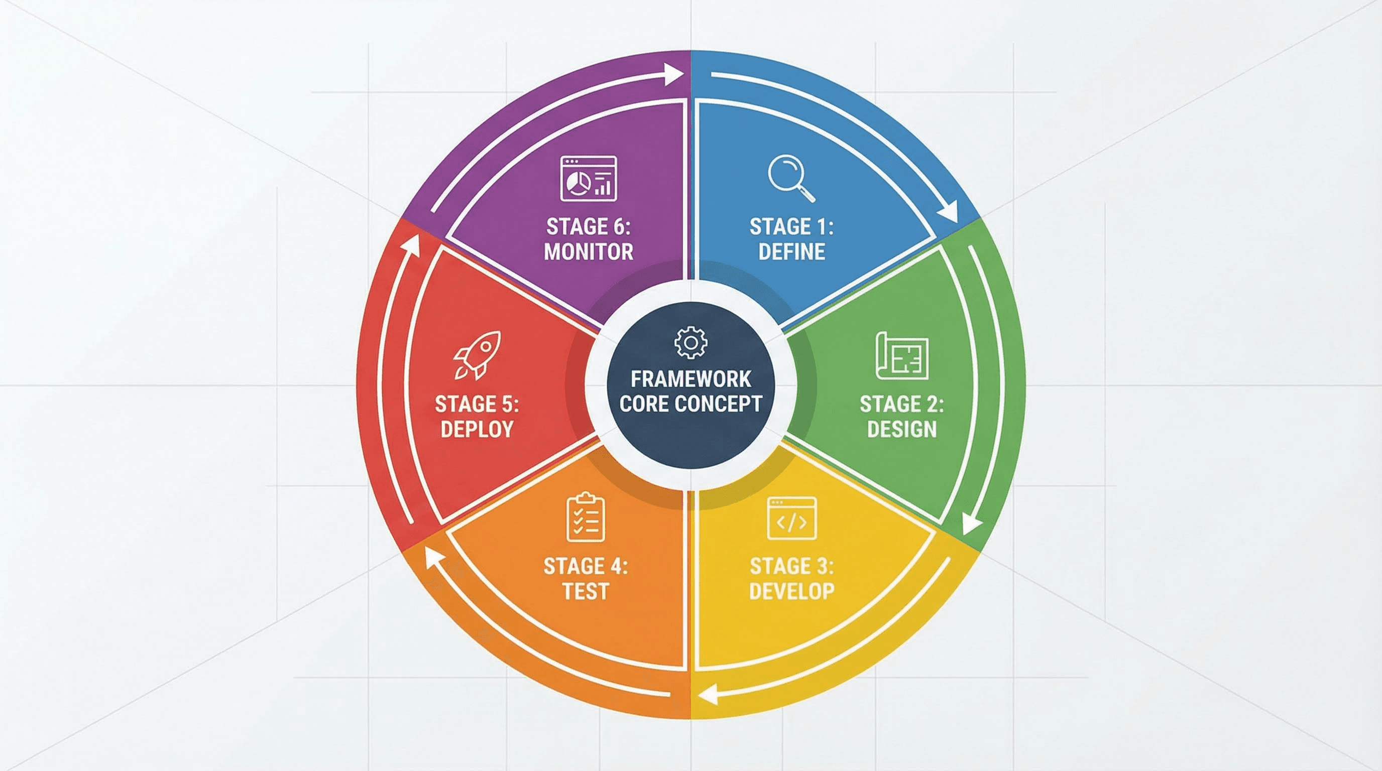 Circular cycle infographic featuring a central core concept surrounded by six radial segments in a donut chart style.