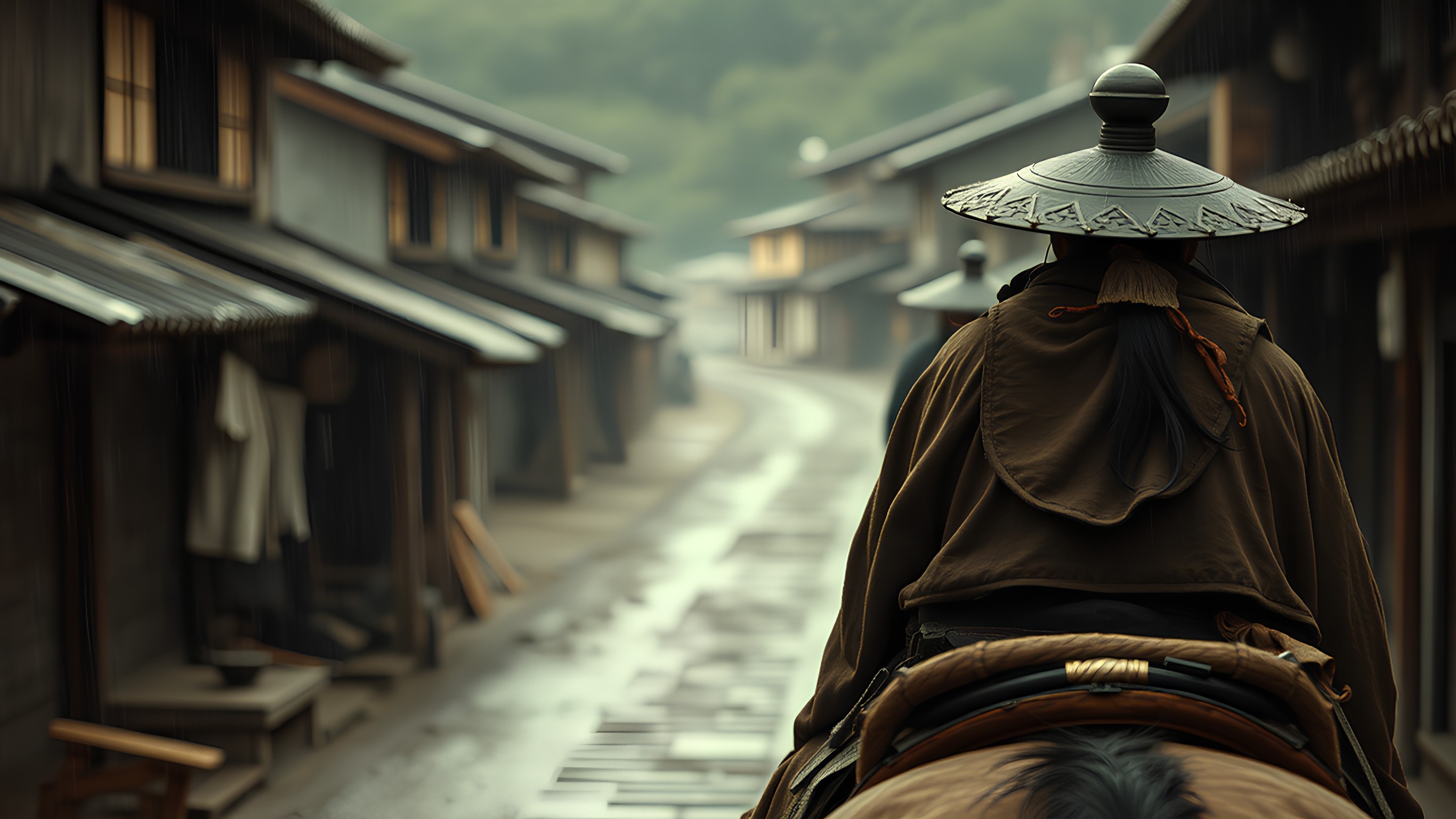 A samurai on horseback entering a small village