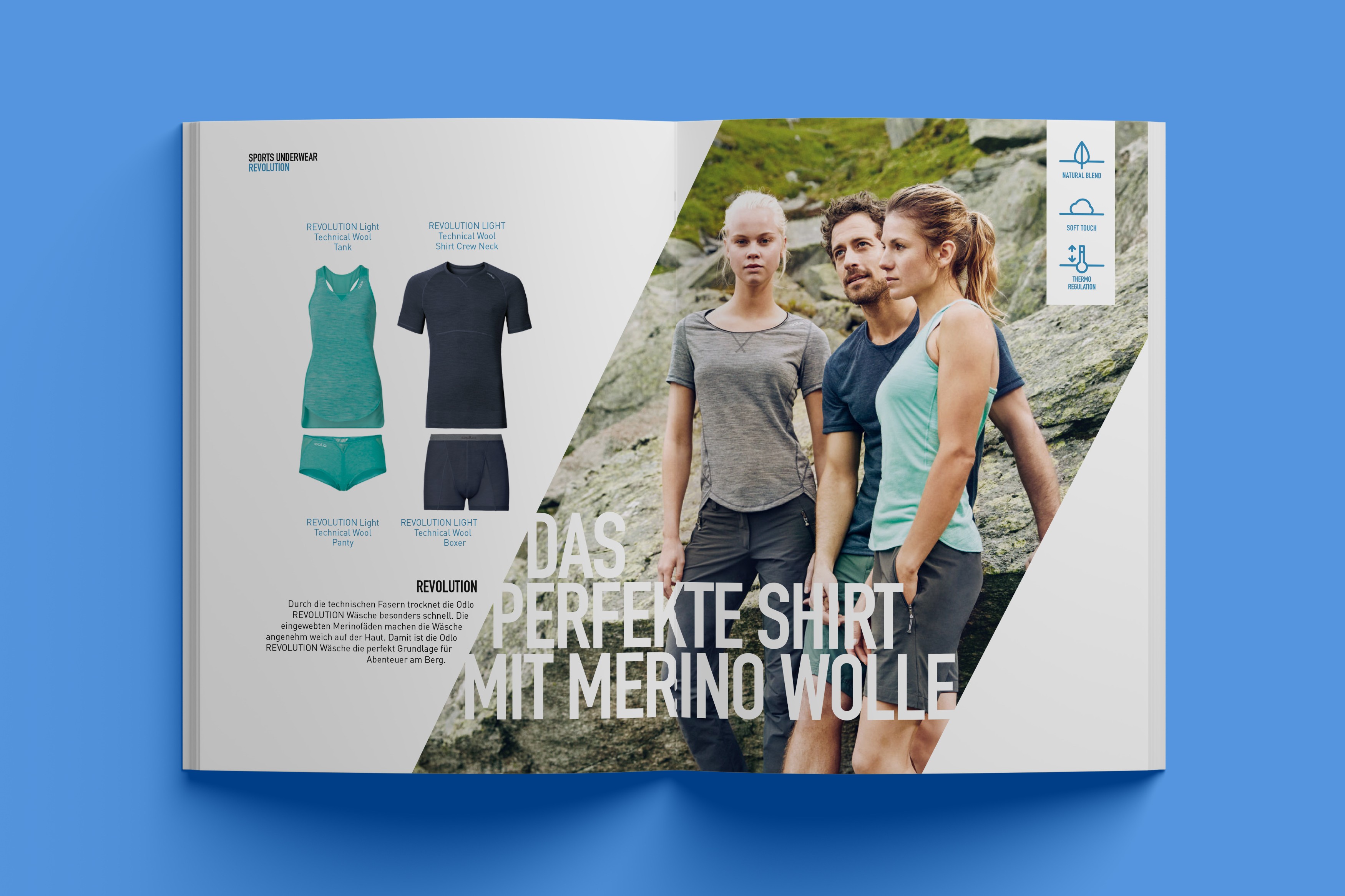 Doppelseite des Odlo Katalogs – präzises Layout mit ausgewogener Verbindung von Kmapagnen- sowie Produktfotografie und Typografie