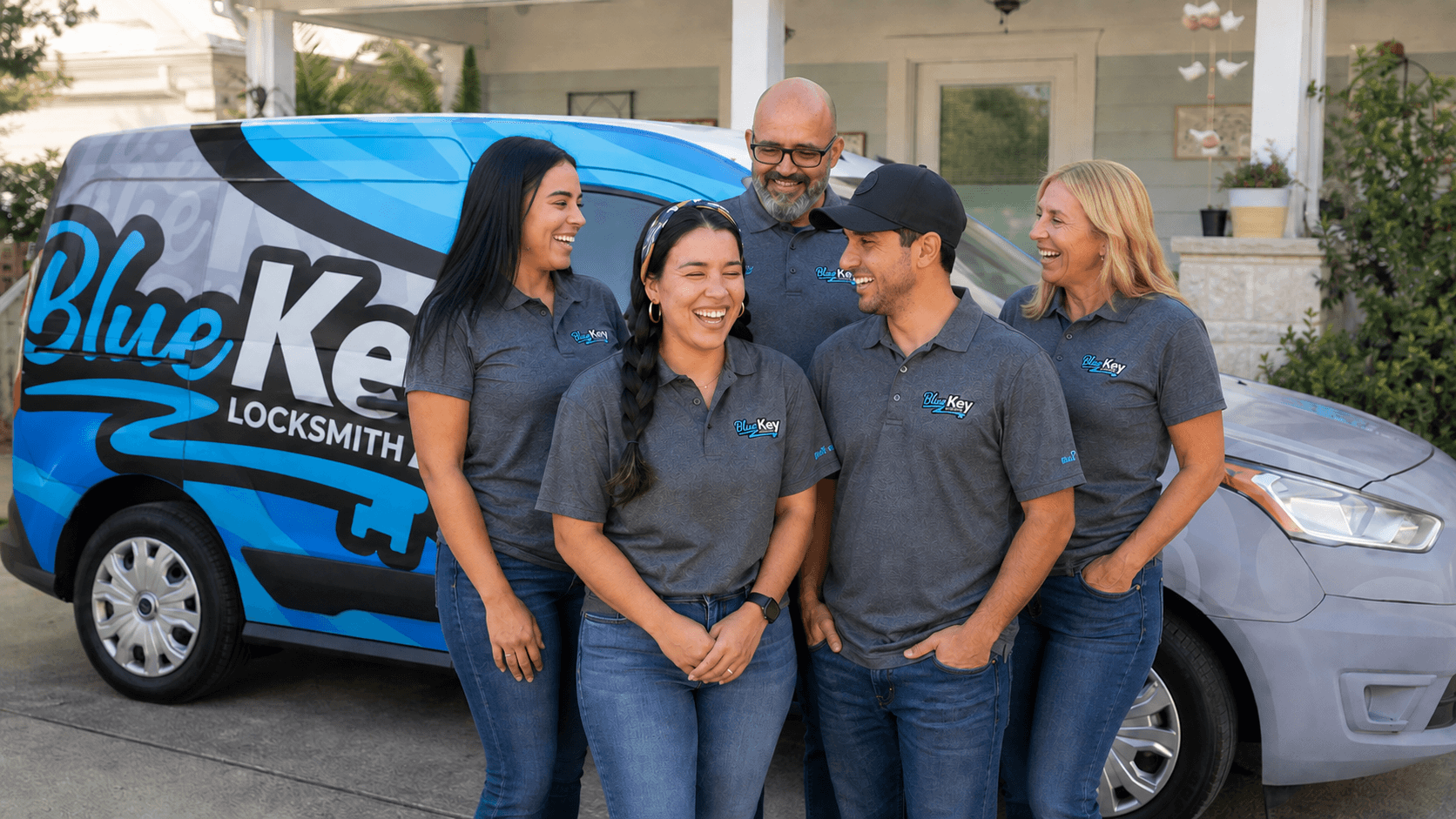 Plumbing technicians talking beside their stocked service vans after loading up