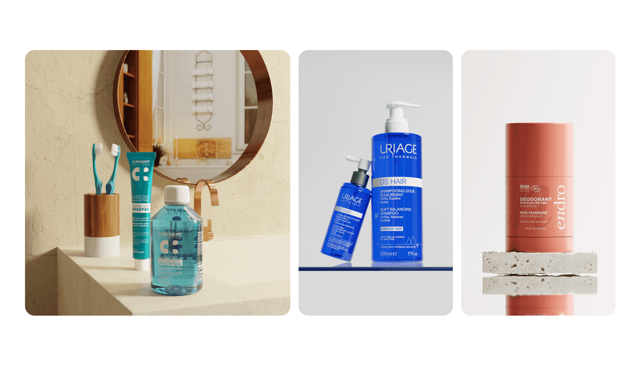 Curasept toothbrush and mouthwash, Uriage shampoo bottle, and Endro Cosmetics natural deodorant shown in photorealistic bathroom lifestyle scenes for product detail pages