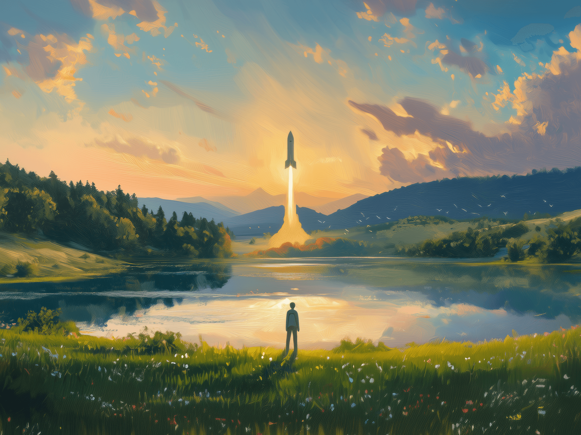 An oil painting of a man stands on the grassland, with green hills and lakes behind them. Rocket launching in space in the distance from a launchpad. The lake is surrounded by trees, creating a painterly effect. high resolution, highly detailed style. beautiful sunset, almost night. With grassland in the background. Trees, flowers, green meadows, and blue skies. The painting is highly detailed. Clarity. California landscape. The scene is set against an oil painting backdrop featuring trees, flowers, green meadows, and dark skies. In the style of Gabriele Dell'otto.