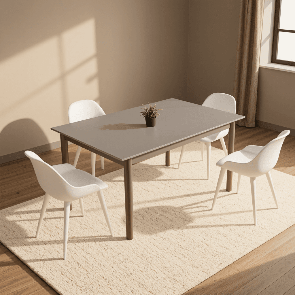 product photography of a dining table with four chairs and a plant on top