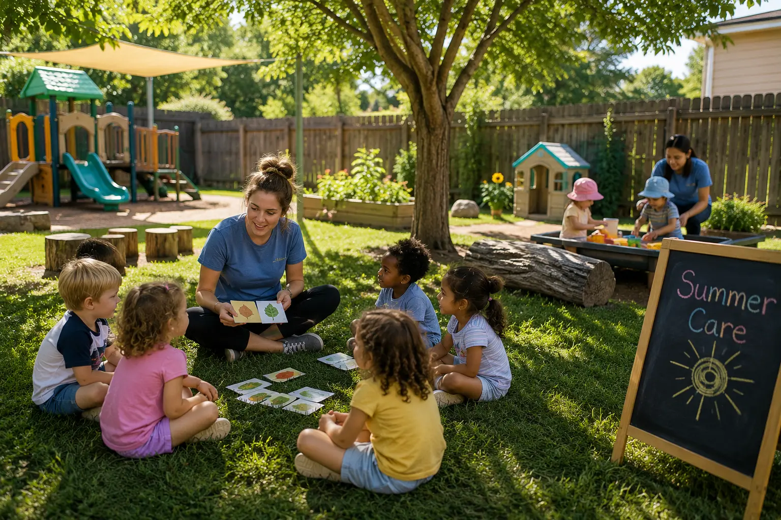 a woman plays with children while sitting in a circle outside