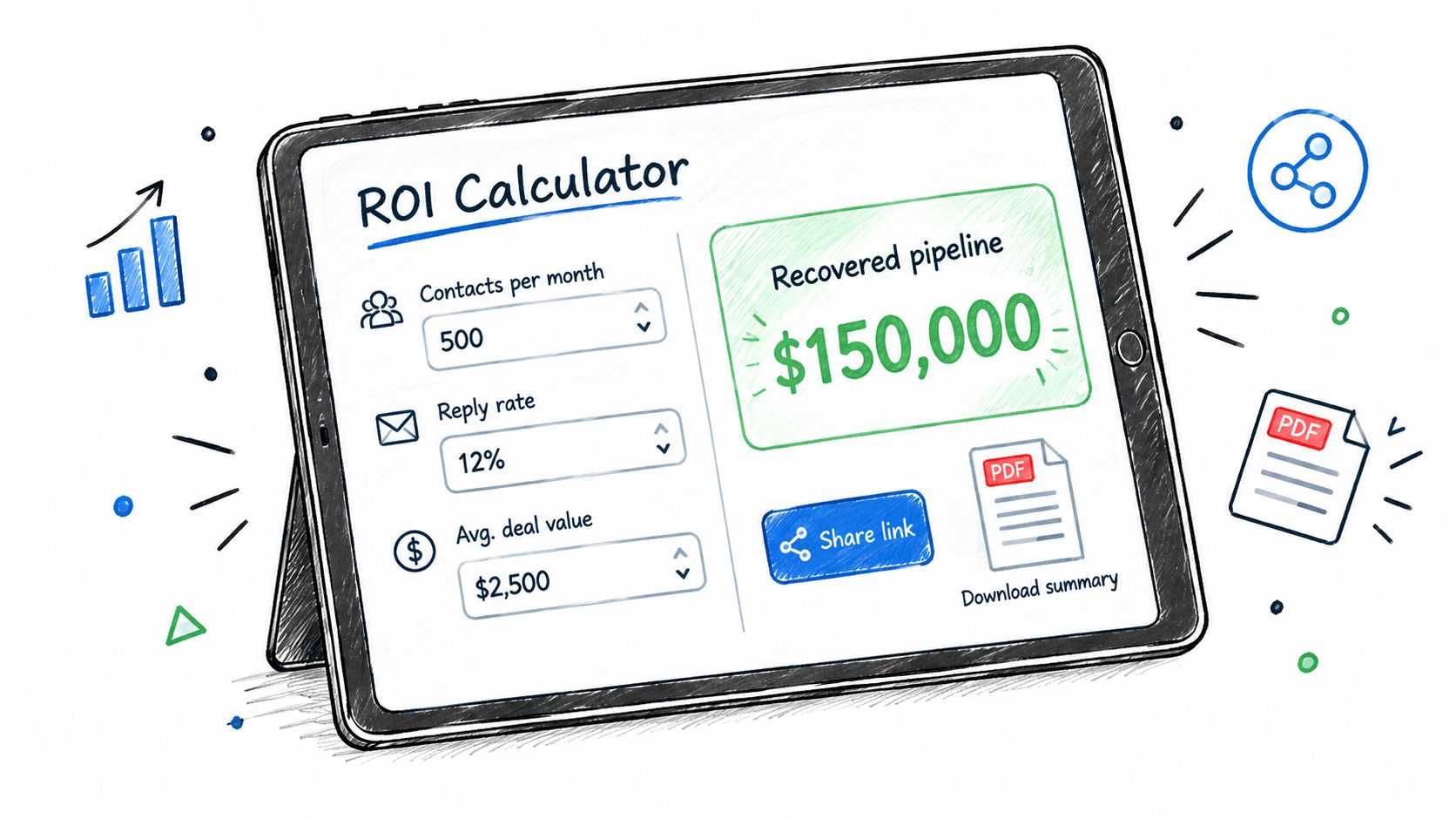 A hand-drawn digital illustration of a tablet displaying an ROI calculator interface for business pipeline recovery.