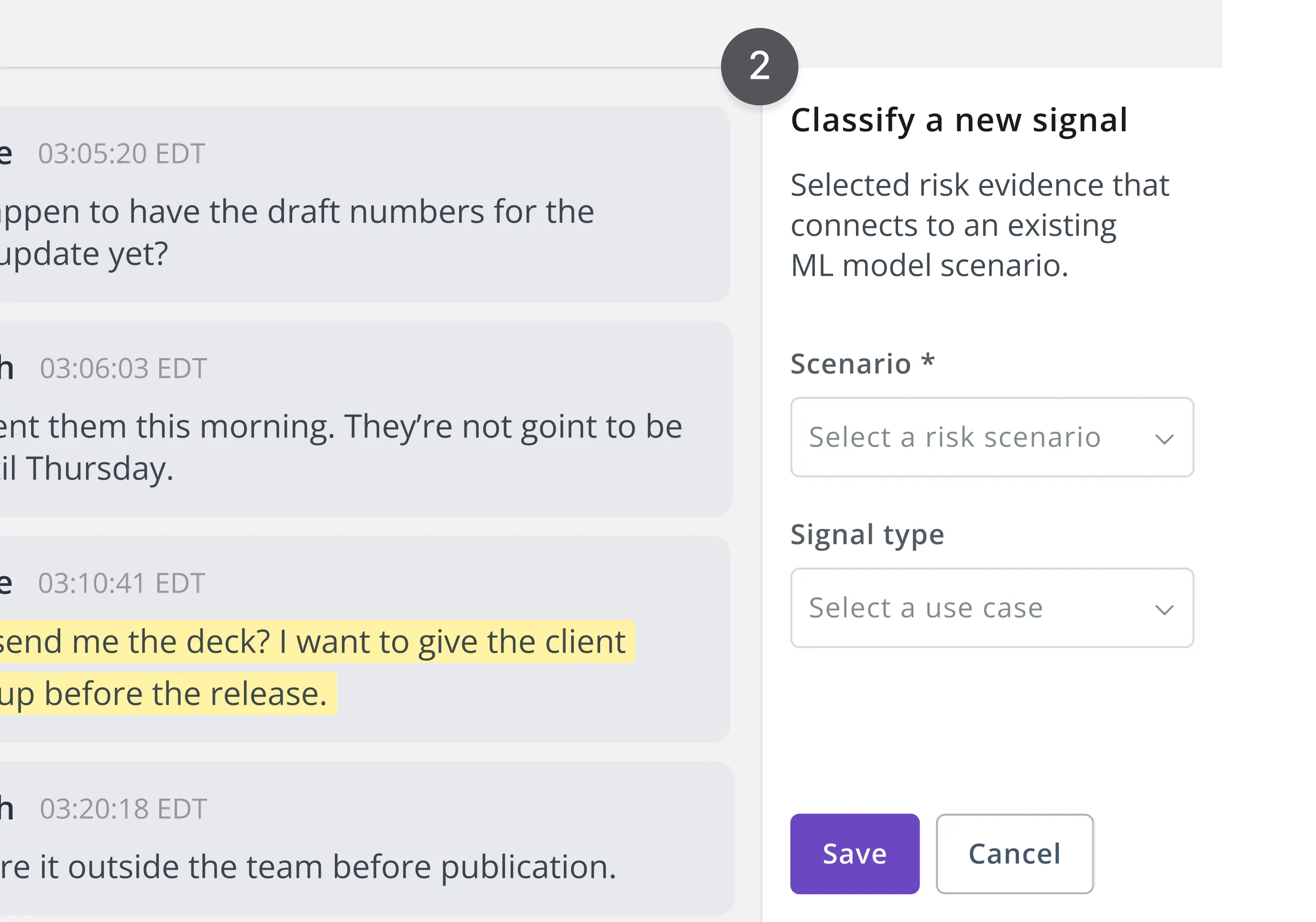 Side panel form for linking highlighted content to a compliance scenario, with dropdowns for scenario and use case and save actions.