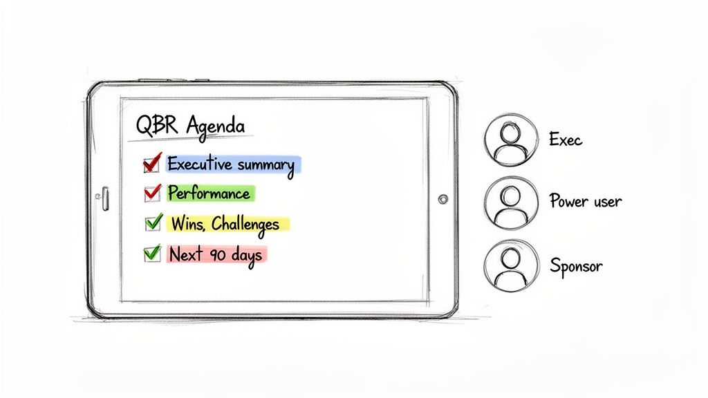 A tablet displays a QBR agenda with items: Executive summary, Performance, Wins, Challenges, and Next 90 days, alongside roles: Exec, Power user, and Sponsor.