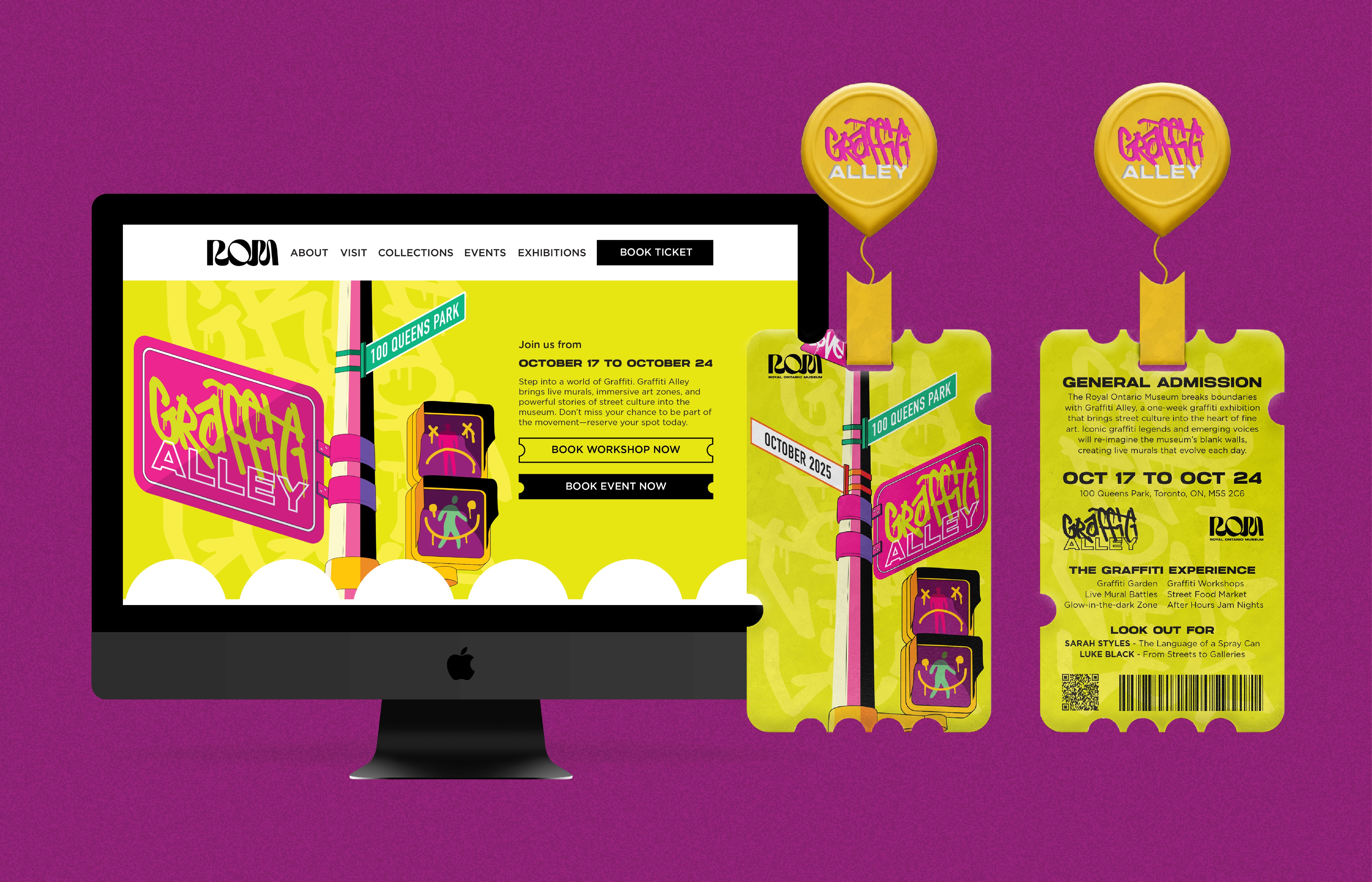 Mockup of the event card and the landing page shown on an iMac.