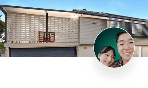 Couple in circle overlay on a house with basketball hoop.
