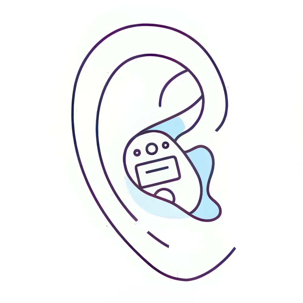 Close-up of a man's ear with a hearing aid partially visible inside.