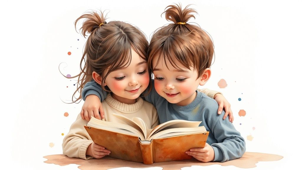 Two young children reading a personalized storybook together with joyful expressions and warm illustrations