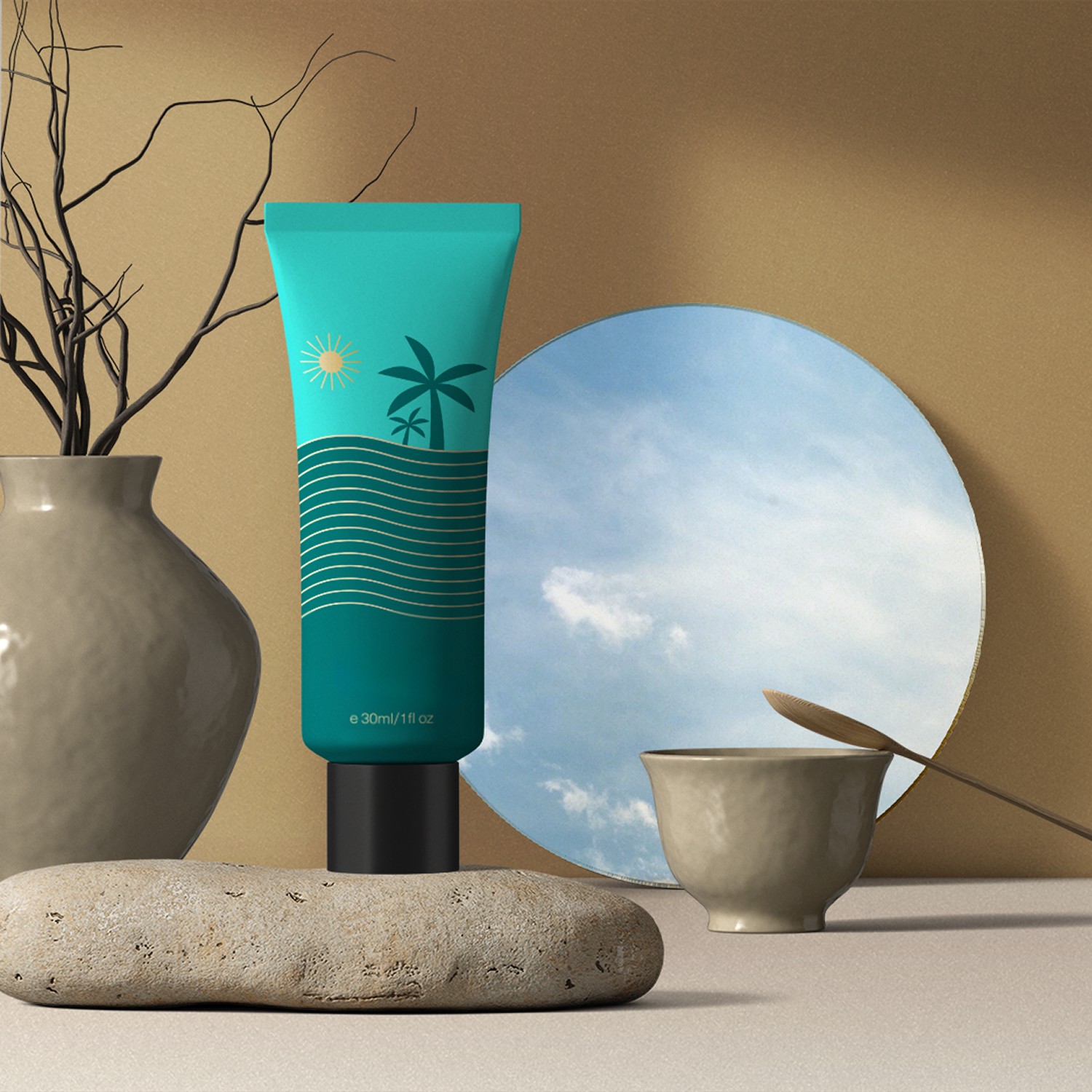 Only Maldives sun cream tube with beach-toned ceramics and sky reflection backdrop, styled to evoke resort calm and curation.