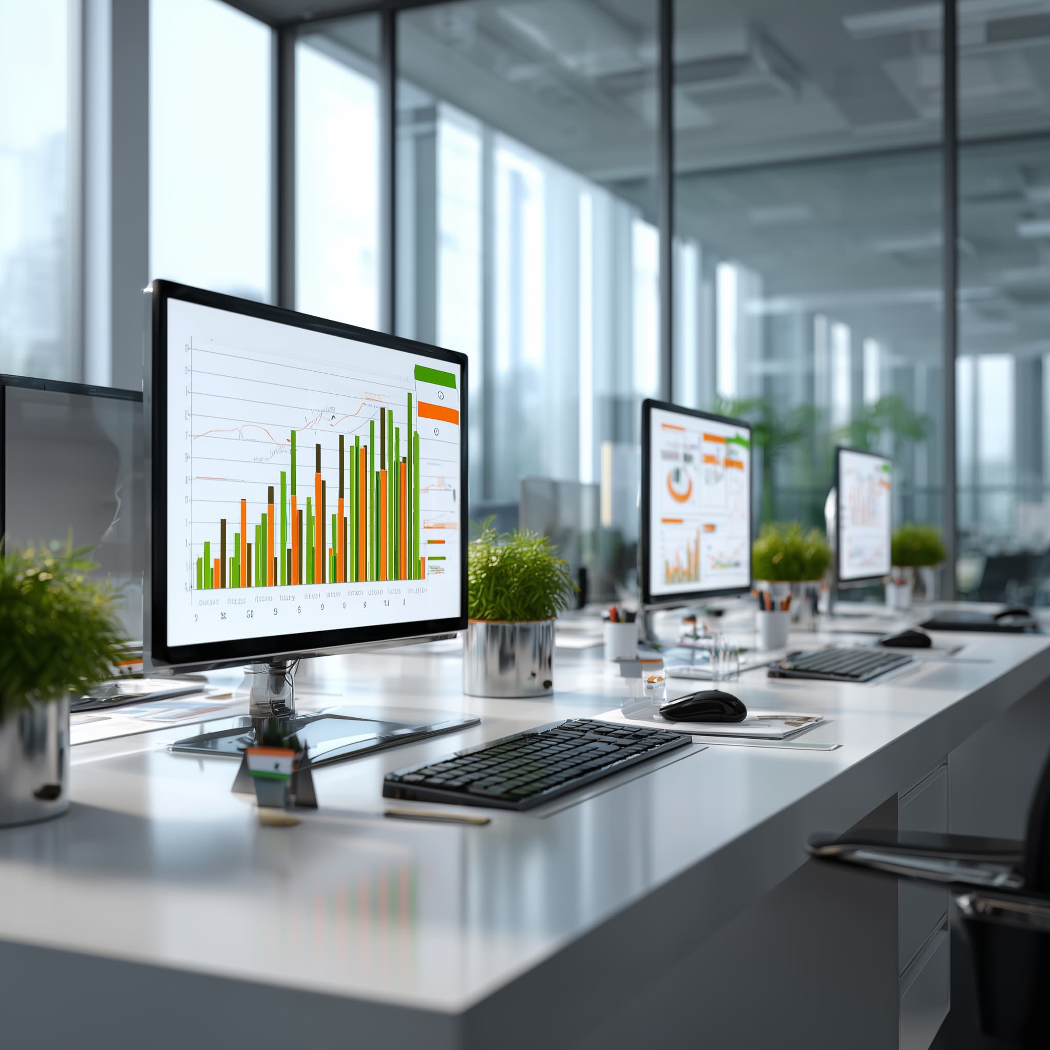 A bright office workspace with multiple monitors and desks, representing financial services operations.