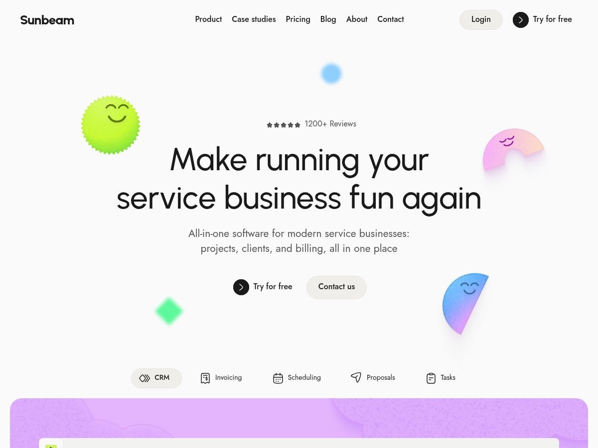 Sunbeam B2B SaaS Framer template homepage with five product modules: CRM, invoicing, scheduling, proposals, and tasks