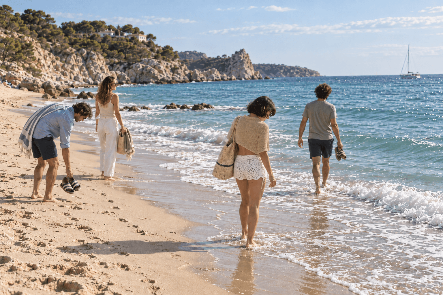Four friends stand apart at the Mediterranean shoreline, watching the waves.