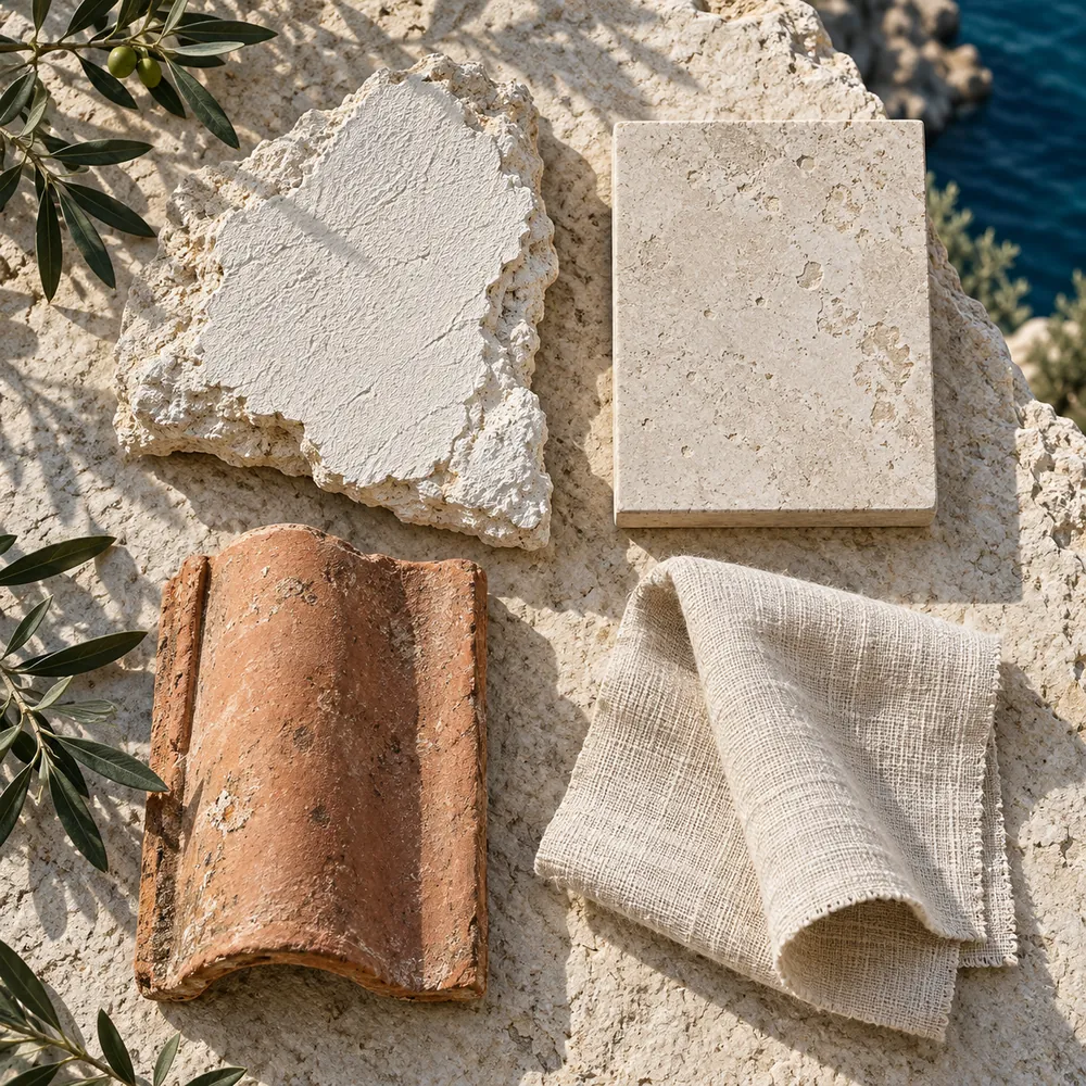 Lime plaster, limestone, terracotta and linen samples on a stone surface